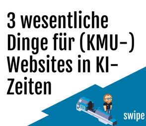 Auf blau-weißem Hintergrund steht ein Titel in schwarz zu Websites in KI-Zeitalter, unten rechts ist eine Pixelfigur zu sehen