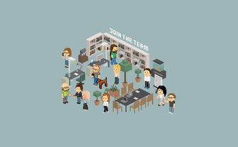 Grafik mit Pixelmenschen in einer Bürosituation mit Regalen, Blumen, Tischen und Hunden