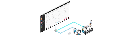 Ein modernes Dashboard zeigt verschiedene Einstellungen und Optionen, umgeben von Illustrationen von Menschen und Geräten.