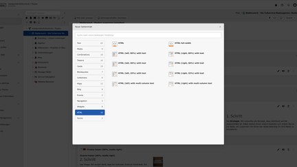 Screenshot des toujou-Backends bei der man die Elementgruppe HTML sieht