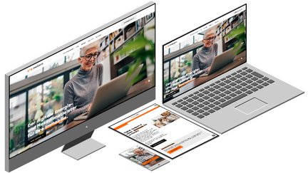 Ein modernes Setup mit einem Desktop-Monitor, Laptop und Smartphone, die die metera-Website anzeigt.