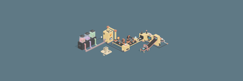 Eine farbenfrohe, stilisierte Szene mit verschiedenen Maschinen und Figuren, die in einer kreativen Umgebung arbeiten.