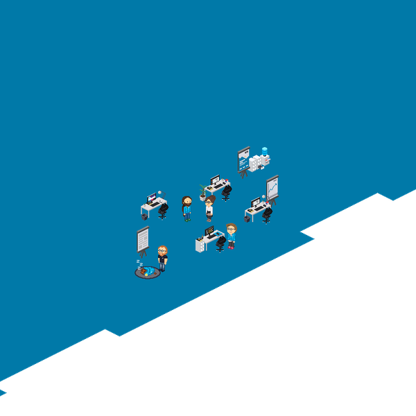 Eine Gruppe von Menschen steht um einen Tisch, während sie an einem Projekt arbeiten und sich austauschen.