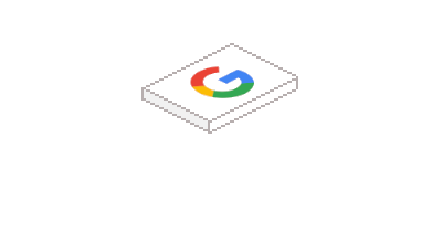 Ein stilisiertes Google-Logo auf einer weißen Plattform, die leicht schräg steht und einen modernen Look vermittelt.