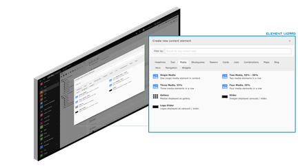 Ein Bildschirm zeigt eine Benutzeroberfläche zur Erstellung neuer Inhaltselemente mit verschiedenen Medienoptionen.