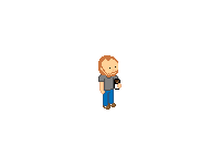 Ein pixelartiger Charakter mit braunen Haaren und einem Bart steht in blauer Jeans und grauem Shirt, hält eine Tasse.