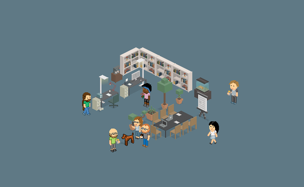 In einem modernen Büro stehen mehrere Personen um einen Tisch, während ein Hund zwischen ihnen spielt und Pflanzen im Hintergrund stehen.