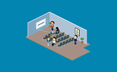 Eine Gruppe von Menschen steht in einem Raum mit Stühlen, während ein Workshop-Schild an der Wand hängt.