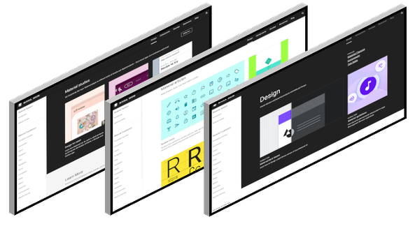 Drei Computerbildschirme zeigen verschiedene Design-Layouts und Grafiken in einem modernen, minimalistischen Stil.
