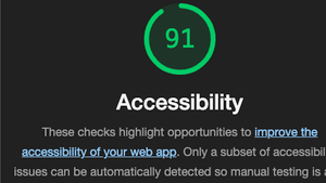 Lighthouse Report starten. Schritt 4. Anzeige der Accessibility, hier mit 91 von 100 Punkten.