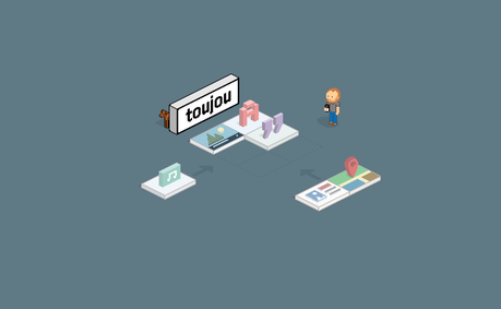 Eine stilisierte Szene zeigt einen Mann, der ein Smartphone hält, umgeben von Symbolen für Musik, Bilder und Karten.