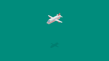 Das Bild zeigt ein stilisiertes Flugzeug, das in der Luft fliegt, umgeben von einem ruhigen, einheitlichen grünen Farbton.