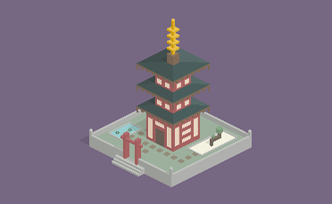 Ein stilisierter Pagodenbau mit mehreren Ebenen und goldener Spitze, umgeben von einem kleinen Garten und Zäunen.