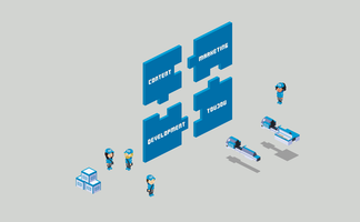 Die Grafik zeigt eine Teamarbeitssituation, in der Figuren Puzzlestücke mit Schlüsselbegriffen für ein Projekt diskutieren.