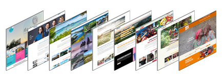 Die Darstellung mehrerer toujou-Webseiten zeigt eine Vielfalt an Inhalten, von Reisen bis zu Marketingstrategien, in lebendigen Farben.