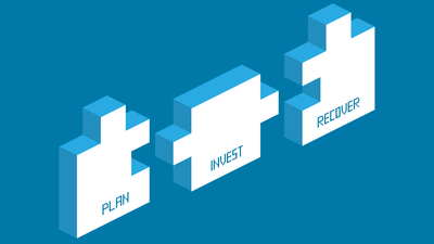 Grafik aus drei Puzzlestücken mit der Aufschrift: Plan, Invest, Recover