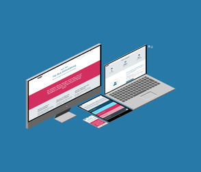 Ein Desktop-Monitor, ein Laptop und ein Tablet zeigen eine Webseite mit dem Titel 'Für Ihre Entwicklung' in lebhaften Farben.