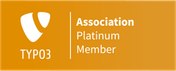 Das Logo von TYPO3 in Weiß auf einem orangefarbenen Hintergrund, mit dem Text 'Platinum Member' darunter.
