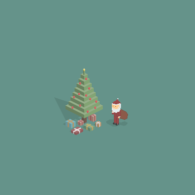 Ein fröhlicher Weihnachtsmann steht neben einem festlich geschmückten Weihnachtsbaum mit bunten Geschenken darunter.