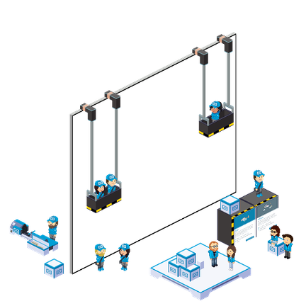 In einer Bauszene sind mehrere Trooper beschäftigt, hängend an Seilen oder schwebend in Hebebühnen