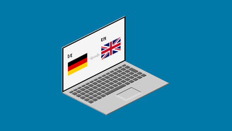 Laptop-Bildschirm mit deutscher und englischer Flaggen für mehrsprachige Websites