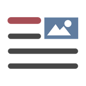 Ein grafisches Design mit einem blauen Rechteck, das ein Bildsymbol enthält, und mehreren horizontalen Linien darunter.