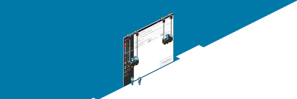 Eine digitale Benutzeroberfläche wird von zwei Figuren in einem Aufzug betrachtet, während sie an einem Projekt arbeiten.