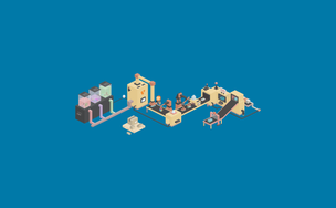 In der Mitte der Grafik arbeiten Menschen an einer Produktionslinie, umgeben von bunten Maschinen und Geräten.