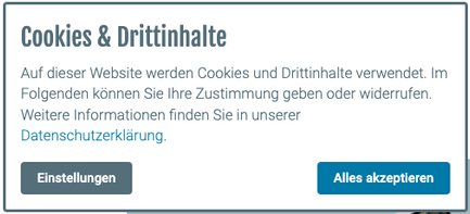 Ein Hinweisfenster informiert über die Verwendung von Cookies und Drittinhalten auf der Website.