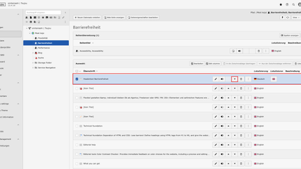 Screenshots eines TYPO3-Backends, das die Listenansicht zeigt, bei der ein Element angeklickt und rot umrahmt ist