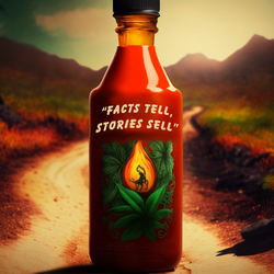 A virtual bottle of sriracha before an abandoned road reading "facts tell, stories sell"