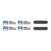Vier Karten mit Bildern und Texten sind in zwei Reihen angeordnet, während zwei graue Linien rechts daneben stehen.