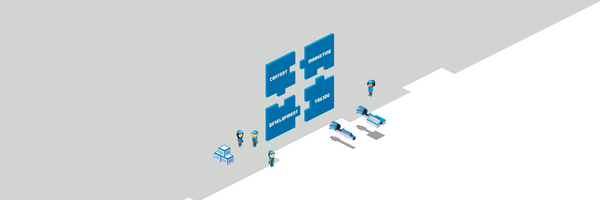 Die Grafik zeigt eine Teamarbeitssituation, in der Figuren Puzzlestücke mit Schlüsselbegriffen für ein Projekt diskutieren.