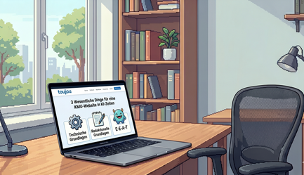 KI-generiertes Bild, das einen Schreibtisch, Stuhl und Laptop zeigt, auf dem Icons zum Thema Website in KI-Zeiten zu sehen sind, im Hintergrund steht ein buntes Bücherregal und ist ein Fenster mit Bäumen zu sehen