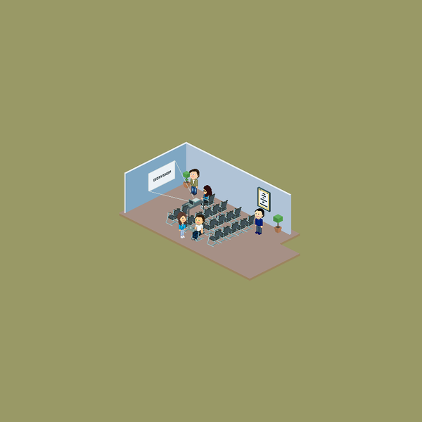 In einem Raum stehen mehrere Personen, während eine Präsentation an einer Wand gezeigt wird, umgeben von Stühlen.