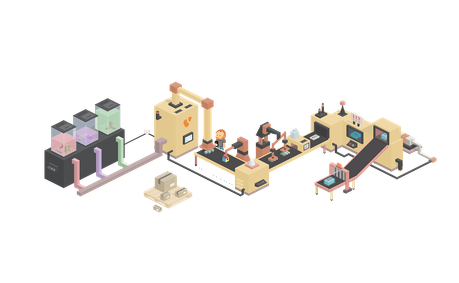 Pixelgrafik zu einer Fließband-Station zur Website-Erstellung