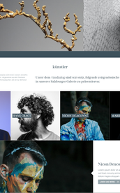 Die Webseite präsentiert zeitgenössische Künstler, darunter Nicon Deaconné, umgeben von lebendigen Farben und kreativen Portraits.