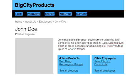 Die Webseite von BigCityProducts zeigt Informationen über John Doe, einen Produktingenieur mit umfangreicher Erfahrung.