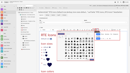 Backend-Screenshot von toujou, dass via rote Umrandungen die Schritte zeigt, wie man im RTE Icons auswählt und editiert. 