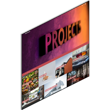 Der Schriftzug 'PROJEKTE' hebt sich vor einem bunten Hintergrund ab, während darunter verschiedene Bilder von Projekten angezeigt werden.