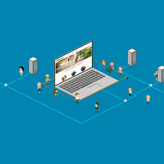 Eine Gruppe von Menschen um einen Laptop versammelt, der eine Webseite zeigt, umgeben von Servern in einem blauen Raum.