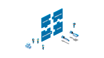 Die Grafik zeigt eine Teamarbeitssituation, in der Figuren Puzzlestücke mit Schlüsselbegriffen für ein Projekt diskutieren.