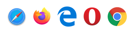 Nebeneinander stehende Logos der Browser Safari, Firefox, Edge, Opera, Chrome