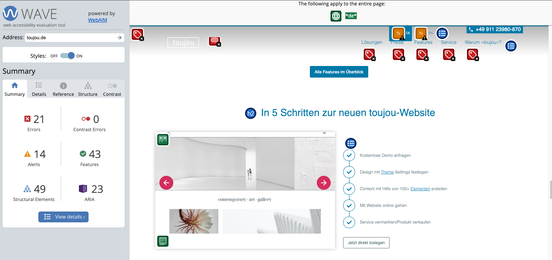 Screenshot von wave zur barrierefreien Website