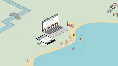 Eine entspannte Strandatmosphäre mit einem Laptop und einem Tablet, während Menschen die Sonne genießen und schwimmen.