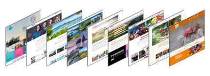 Die Darstellung mehrerer toujou-Webseiten zeigt eine Vielfalt an Inhalten, von Reisen bis zu Marketingstrategien, in lebendigen Farben.
