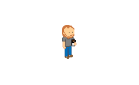 Ein pixelartiger Charakter mit braunen Haaren und einem Bart steht in blauer Jeans und grauem Shirt, hält eine Tasse.