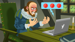 Der Mann mit dem Rüschenkragen zeigt seine Wut, während er auf den Bildschirm eines Laptops starrt.