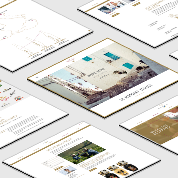 Mehrere digitale Bildschirme zeigen ansprechende Inhalte über Weine, Sekt und Spirituosen in einem modernen Layout.