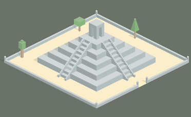 Eine stilisierte Pyramide mit mehreren Treppen und einem kleinen Tempel auf der Spitze, umgeben von Bäumen.